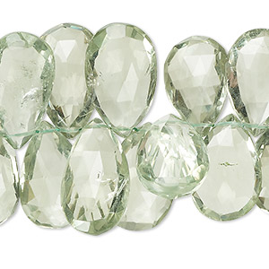 Bead, green quartz (heated), 14x10mm-28x13mm hand-cut top-drilled faceted puffed teardrop, B+ grade, Mohs hardness 7. Sold per 7-inch strand, approximately 45 beads.
