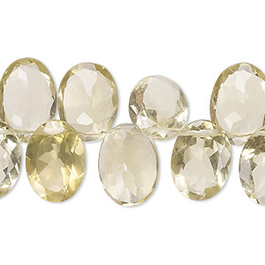 Bead, lemon quartz (heated), 14x9mm-14x10mm hand-cut top-drilled faceted puffed oval with flat side, B grade, Mohs hardness 7. Sold per 13-inch strand, approximately 65 beads.
