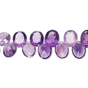 Bead, amethyst (natural), dark, 9x6mm-9x7mm hand-cut top-drilled faceted puffed oval with flat side, B+ grade, Mohs hardness 7. Sold per 14-inch strand, approximately 90 beads.