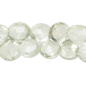 Bead, green quartz (heated), light, 11x10mm-13mm hand-cut top-drilled faceted puffed teardrop, B- grade, Mohs hardness 7. Sold per 7-inch strand, approximately 40 beads.