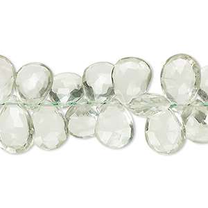 Bead, green quartz (heated), light, 10x8mm-13x9mm hand-cut top-drilled faceted puffed teardrop, B grade, Mohs hardness 7. Sold per 7-inch strand, approximately 55 beads.