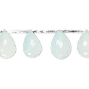 Bead, aqua blue chalcedony (dyed), light, 11x8mm-14x9mm hand-cut top-drilled faceted puffed teardrop with 0.4-1.4mm hole, B- grade, Mohs hardness 6-1/2 to 7. Sold per pkg of 16.