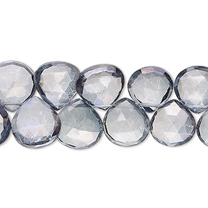 Bead, quartz crystal (coated), teal blue, 9x8mm-11mm hand-cut top-drilled faceted puffed teardrop, B grade, Mohs hardness 7. Sold per 7-inch strand, approximately 45 beads.