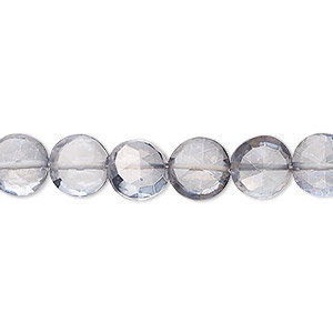 Bead, quartz crystal (coated), blue steel, 8-10mm hand-cut faceted puffed flat round, B grade, Mohs hardness 7. Sold per 7-inch strand, approximately 25 beads.