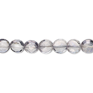 Bead, quartz crystal (coated), blue steel, 6-8mm hand-cut faceted puffed flat round, B grade, Mohs hardness 7. Sold per 7-inch strand, approximately 30 beads.