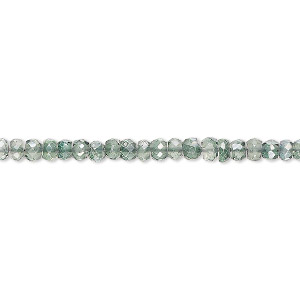 Bead, quartz crystal (coated), light green, 3x2mm-4x3mm hand-cut faceted rondelle, B grade, Mohs hardness 7. Sold per 13-inch strand, approximately 160 beads.