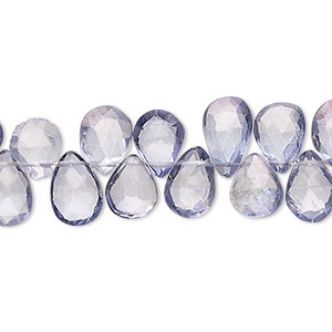 Bead, quartz crystal (coated), blue, 9x7mm-12x7mm hand-cut top-drilled faceted puffed teardrop, B grade, Mohs hardness 7. Sold per 7-inch strand, approximately 50 beads.