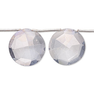 Bead, quartz crystal (coated), blue steel, 15-17mm hand-cut top-drilled faceted puffed flat round, B grade, Mohs hardness 7. Sold per pkg of 9.