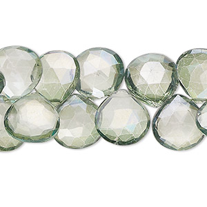 Bead, quartz crystal (coated), dark green, 11x10mm-14mm hand-cut top-drilled faceted puffed teardrop, B grade, Mohs hardness 7. Sold per 7-inch strand, approximately 40 beads.