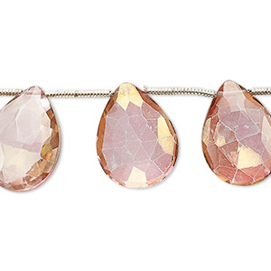 Bead, quartz crystal (coated), pink and peach, 17x13mm-18x13mm hand-cut top-drilled faceted puffed teardrop, B grade, Mohs hardness 7. Sold per pkg of 13.