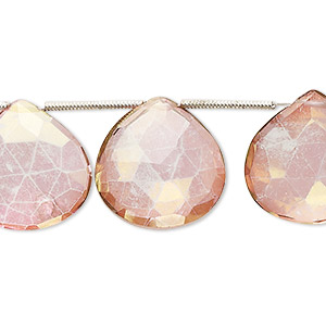 Bead, quartz crystal (coated), pink and peach, 17x16mm-18mm hand-cut top-drilled faceted puffed teardrop, B grade, Mohs hardness 7. Sold per pkg of 11.