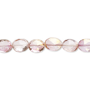 Bead, quartz crystal (coated), pink and peach, 7x6mm-9x8mm hand-cut faceted puffed oval, B grade, Mohs hardness 7. Sold per 7-inch strand, approximately 25 beads.