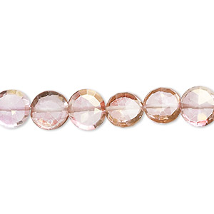 Bead, quartz crystal (coated), pink and peach, 7-9mm hand-cut faceted puffed flat round, B grade, Mohs hardness 7. Sold per 7-inch strand, approximately 25 beads.