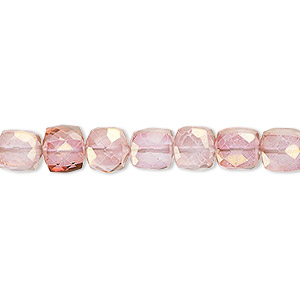 Bead, quartz crystal (coated), pink and peach, 6x5mm-7mm hand-cut faceted cube, B grade, Mohs hardness 7. Sold per 7-inch strand, approximately 30 beads.