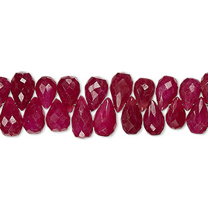 Bead, Indian ruby (dyed), 8x4mm-10x5mm hand-cut top-drilled faceted teardrop, B- grade, Mohs hardness 9. Sold per 8-inch strand, approximately 75 beads.