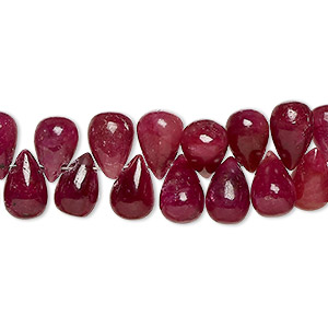 Bead, Indian ruby (dyed), medium-dark, 9x5mm-11x7mm hand-cut top-drilled teardrop, B- grade, Mohs hardness 9. Sold per 8-inch strand, approximately 65 beads.