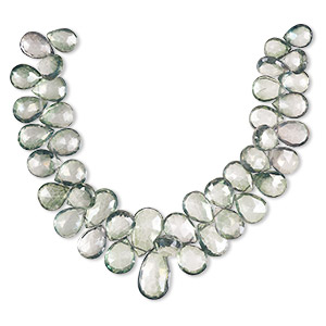 Bead, quartz crystal (coated), green and clear, 10x8mm-20x12mm graduated hand-cut top-drilled faceted puffed teardrop, B grade, Mohs hardness 7. Sold per 7-inch strand, approximately 40 beads.