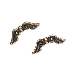 Bead, TierraCast&reg;, antique brass-plated pewter (tin-based alloy), 21x7mm double-sided wing with 0.8mm hole. Sold per pkg of 2.
