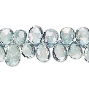 Bead, quartz crystal (coated), teal blue, 9x7mm-13x8mm hand-cut top-drilled faceted puffed teardrop, B grade, Mohs hardness 7. Sold per 7-inch strand, approximately 50 beads.