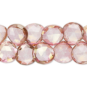 Bead, quartz crystal (coated), pink and peach, 9-13mm hand-cut top-drilled faceted puffed teardrop, B grade, Mohs hardness 7. Sold per 7-inch strand, approximately 40 beads.