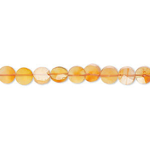 Bead, carnelian (dyed / heated), light, 5-6mm hand-cut faceted flat round, B grade, Mohs hardness 6-1/2 to 7. Sold per 14-inch strand, approximately 75 beads.