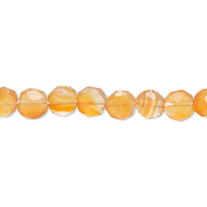 Bead, carnelian (dyed / heated), light, 6-7mm hand-cut faceted flat round, B grade, Mohs hardness 6-1/2 to 7. Sold per 14-inch strand, approximately 60 beads.