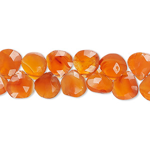Bead, carnelian (dyed / heated), medium to dark, 8x7mm-9x8mm hand-cut top-drilled faceted puffed teardrop, B+ grade, Mohs hardness 6-1/2 to 7. Sold per 8-inch strand, approximately 50 beads.