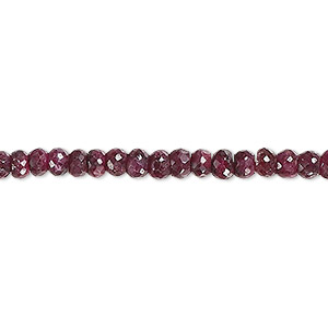 Bead, Indian ruby (dyed / heated), dark, 4x2mm-5x3mm hand-cut faceted rondelle, C grade, Mohs hardness 9. Sold per 14-inch strand.