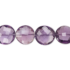 Bead, amethyst (natural), dark, 11-13mm faceted puffed flat round, B+ grade, Mohs hardness 7. Sold per 8-inch strand, approximately 15 beads.
