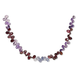Bead, amethyst / garnet / iolite (natural / heated), 7x5mm-8x6mm hand-cut top-drilled faceted puffed oval, B grade, Mohs hardness 7. Sold per 7-inch strand, approximately 55 beads.