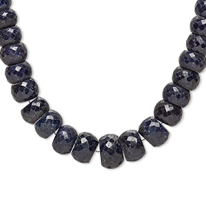 Bead, blue sapphire (dyed), dark blue, 12x9mm-19x12mm graduated hand-cut faceted rondelle, C grade, Mohs hardness 9. Sold per 15-1/2&quot; to 16&quot; strand.