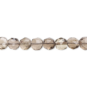 Bead, smoky quartz (heated / irradiated), light-medium, 5-7mm hand-cut faceted puffed flat round, B- grade, Mohs hardness 7. Sold per 14-inch strand, approximately 60 beads.