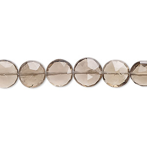 Bead, smoky quartz (heated / irradiated), 8-10mm hand-cut faceted puffed flat round, B grade, Mohs hardness 7. Sold per 7-inch strand, approximately 20 beads.