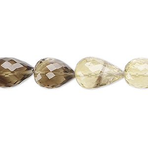 Bead, lemon smoky quartz (heated / irradiated), 11x9mm-16x9mm hand-cut micro-faceted teardrop, B+ grade, Mohs hardness 7. Sold per 7-inch strand, approximately 10 beads.