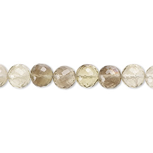 Bead, lemon smoky quartz (heated / irradiated), 6-7mm hand-cut micro-faceted round, B+ grade, Mohs hardness 7. Sold per 8-inch strand, approximately 30 beads.