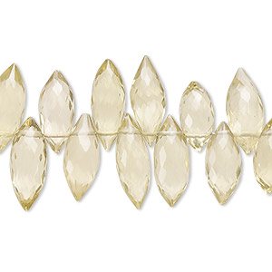 Bead, lemon quartz (heated), 13x5mm-16x7mm hand-cut top-drilled micro-faceted marquise, B+ grade, Mohs hardness 7. Sold per 7-inch strand, approximately 50 beads.