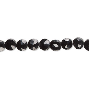 Bead, black spinel (natural), 5-6mm hand-cut faceted puffed flat round, B grade, Mohs hardness 8. Sold per 13-inch strand, approximately 60 beads.