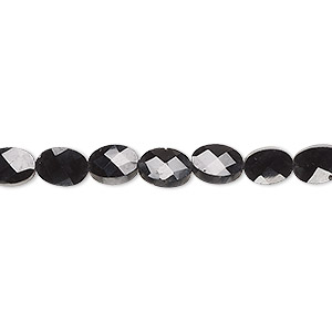Bead, black spinel (natural), 7x4mm-7x5mm hand-cut faceted puffed oval, B+ grade, Mohs hardness 8. Sold per 13-inch strand, approximately 45 beads.