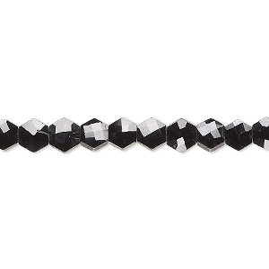 Bead, black spinel (natural), 5-6mm hand-cut faceted puffed hexagon, B grade, Mohs hardness 8. Sold per 13-inch strand, approximately 70 beads.