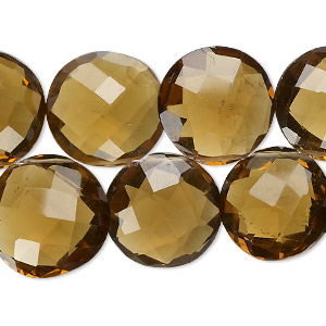 Bead, golden quartz (heated), 15-18mm hand-cut top-drilled faceted puffed flat round, B+ grade, Mohs hardness 7. Sold per 7-inch strand, approximately 25 beads.