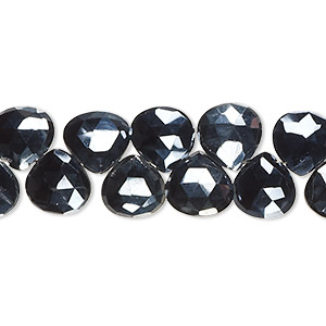 Bead, black spinel (coated), 8-10mm hand-cut top-drilled faceted puffed teardrop, B grade, Mohs hardness 8. Sold per 8-inch strand, approximately 40 beads.