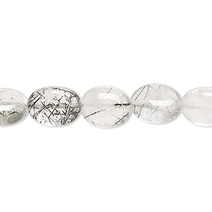Bead, tourmalinated quartz (natural), 7x6mm-14x9mm hand-cut puffed oval, B+ grade, Mohs hardness 7. Sold per 13-inch strand, approximately 35 beads.