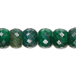 Bead, emerald (dyed), 12x8mm-15x10mm hand-cut faceted rondelle, C- grade, Mohs hardness 7-1/2 to 8. Sold per 15-inch strand.