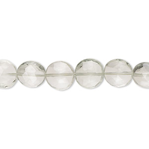 Bead, green quartz (heated), light, 8-10mm hand-cut faceted puffed flat round, B grade, Mohs hardness 7. Sold per 7-inch strand.