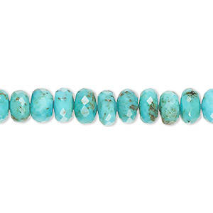 Bead, turquoise (dyed / stabilized), blue, 6x4mm-8x5mm hand-cut faceted rondelle with light matrix, B- grade, Mohs hardness 5 to 6. Sold per 8-inch strand, approximately 45 beads.