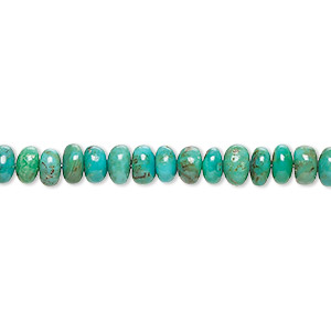Bead, turquoise (dyed / stabilized), blue-green, 5x3mm-6x4mm hand-cut rondelle, B grade, Mohs hardness 5 to 6. Sold per 8-inch strand, approximately 60 beads.