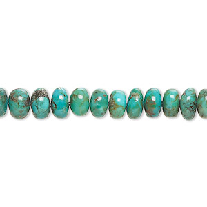 Bead, turquoise (dyed / stabilized), blue-green, 6x4mm-7x5mm hand-cut rondelle with heavy matrix, C+ grade, Mohs hardness 5 to 6. Sold per 8-inch strand, approximately 50 beads.