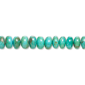 Bead, turquoise (dyed / stabilized), blue-green, 6x4mm-8x5mm hand-cut rondelle, B grade, Mohs hardness 5 to 6. Sold per 8-inch strand, approximately 50 beads.