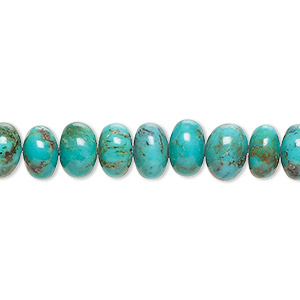 Bead, turquoise (dyed / stabilized), blue-green, 8x5mm-10x6mm hand-cut rondelle with heavy matrix, C+ grade, Mohs hardness 5 to 6. Sold per 8-inch strand, approximately 40 beads.