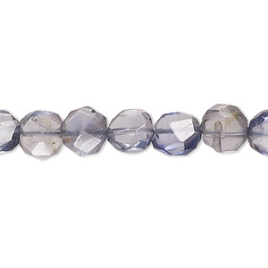 Bead, iolite (dyed), 7-9mm hand-cut faceted puffed flat round, C grade, Mohs hardness 7 to 7-1/2. Sold per 14-inch strand.